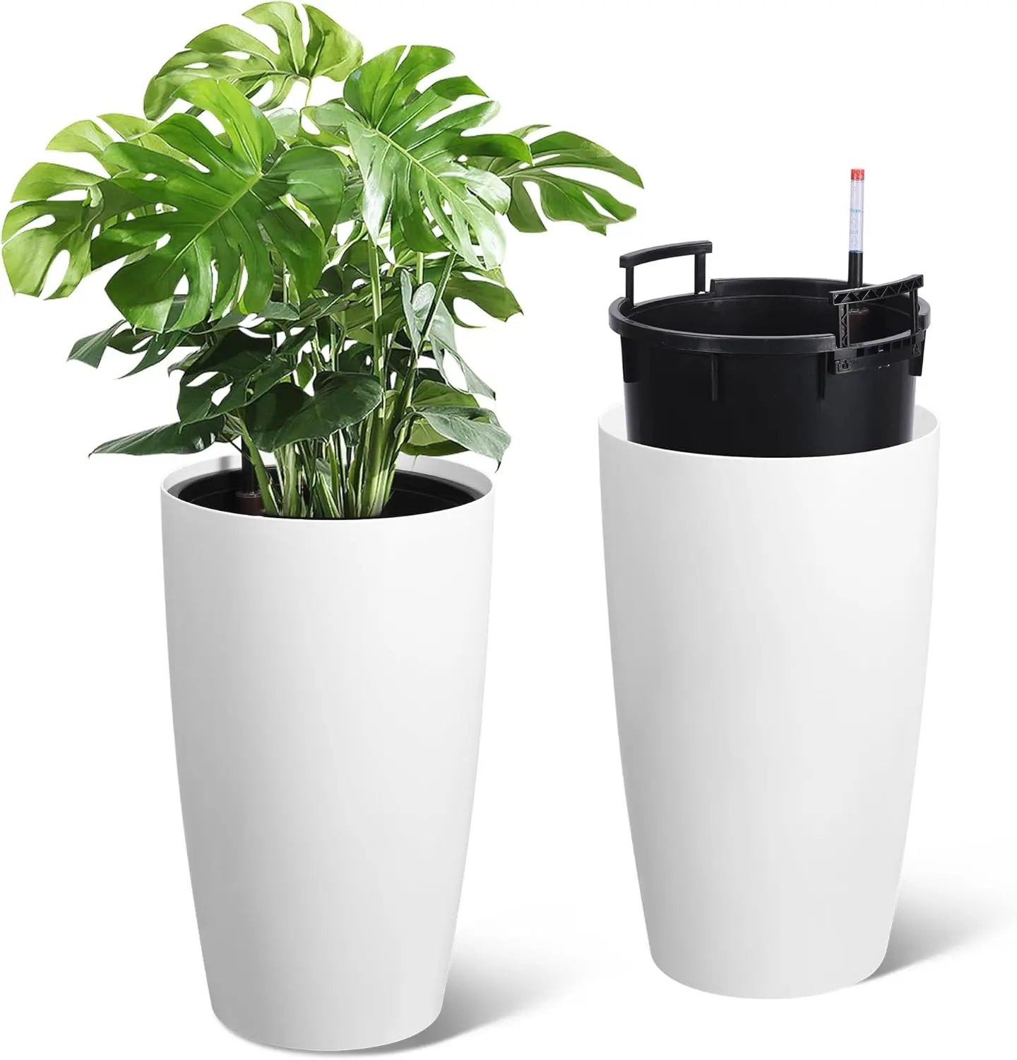 1-Pair Black Self-Watering Planters – 21.7” Tall Flower Plant Pots, Water Level Gauge, Tall-Round Series – For Large Plants