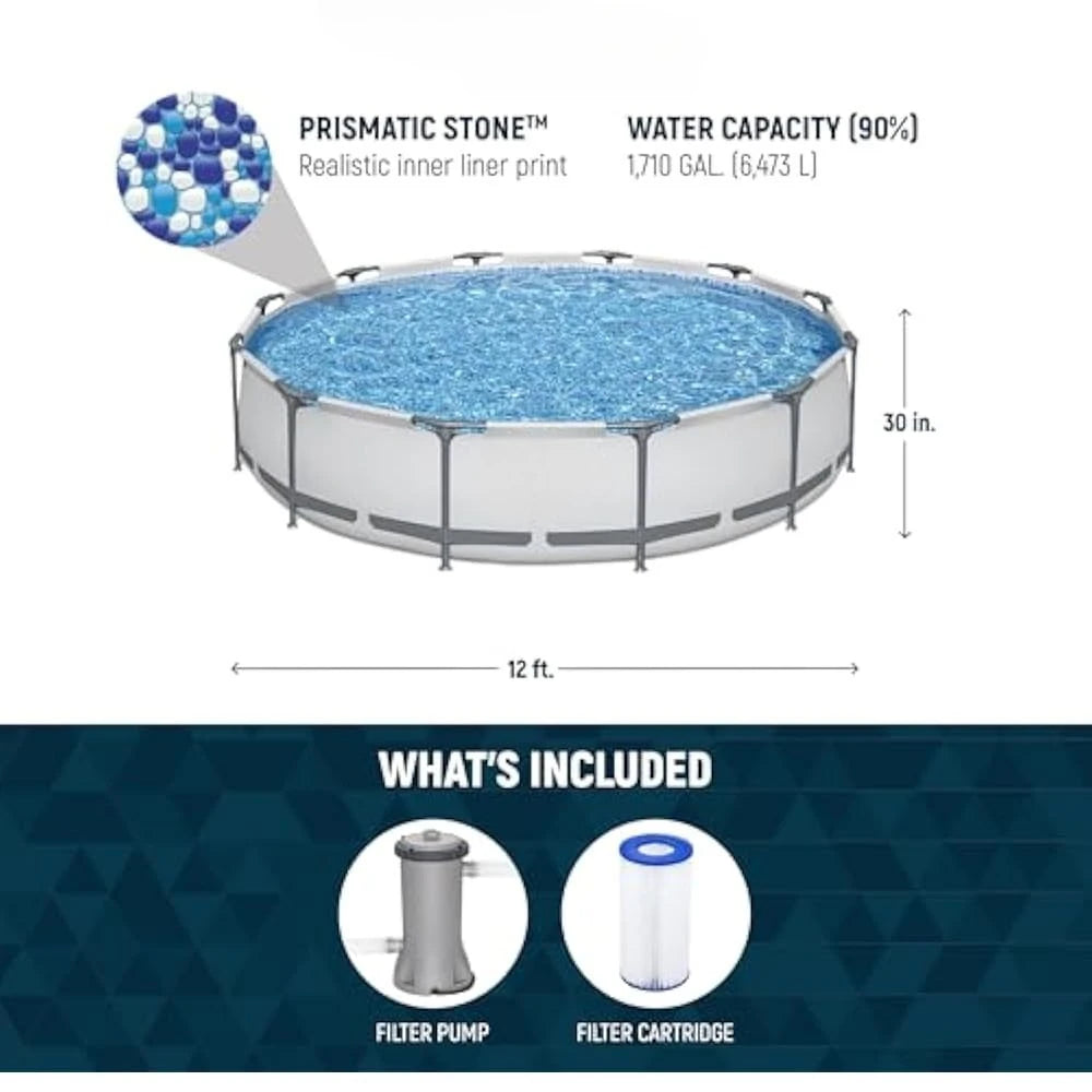 12 Foot by 30 Inch Round Above Ground Swimming Pool Set Outdoor Metal Frame Family Pool with Filter Pump
