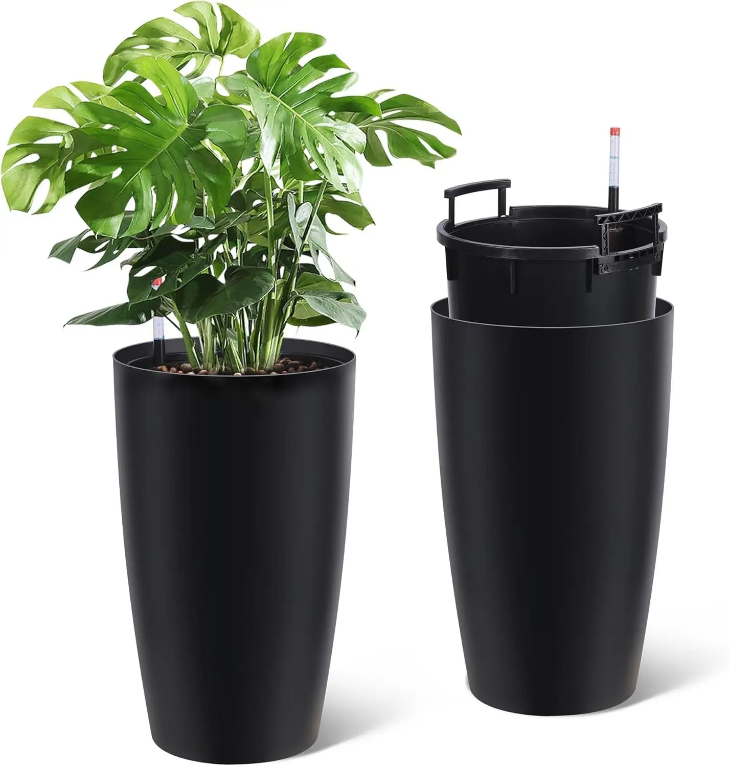 1-Pair Black Self-Watering Planters – 21.7” Tall Flower Plant Pots, Water Level Gauge, Tall-Round Series – For Large Plants