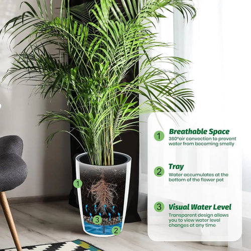 1-Pair Black Self-Watering Planters – 21.7” Tall Flower Plant Pots, Water Level Gauge, Tall-Round Series – For Large Plants