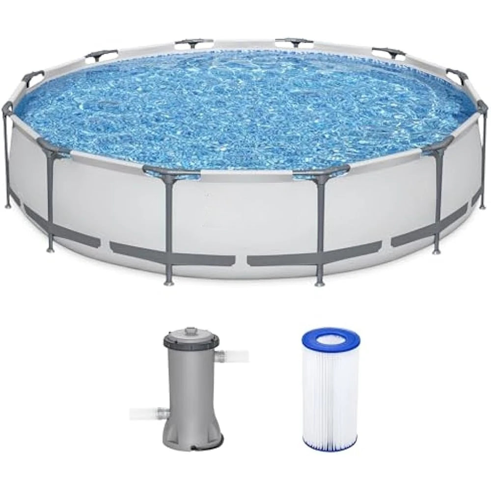 12 Foot by 30 Inch Round Above Ground Swimming Pool Set Outdoor Metal Frame Family Pool with Filter Pump