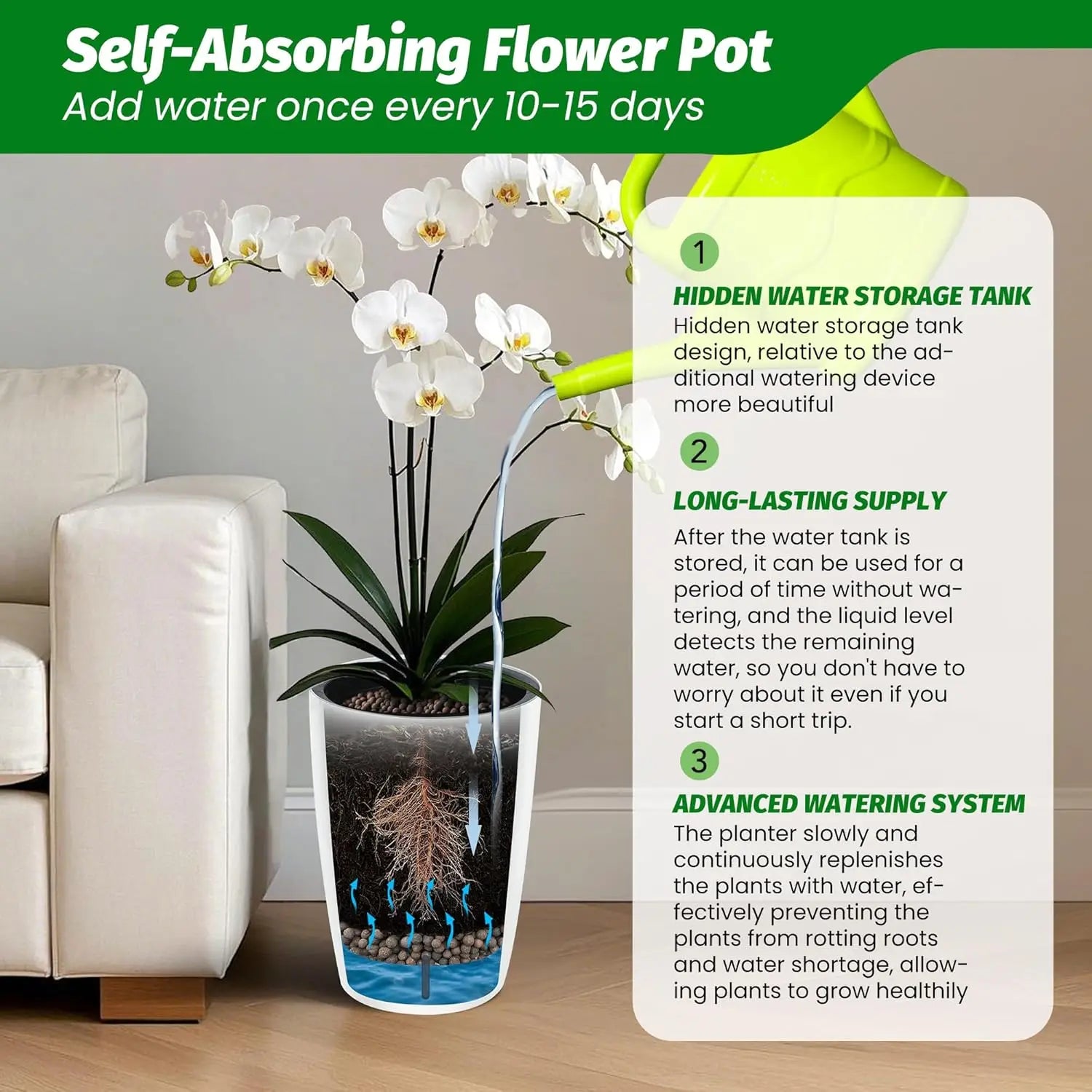 1-Pair Black Self-Watering Planters – 21.7” Tall Flower Plant Pots, Water Level Gauge, Tall-Round Series – For Large Plants