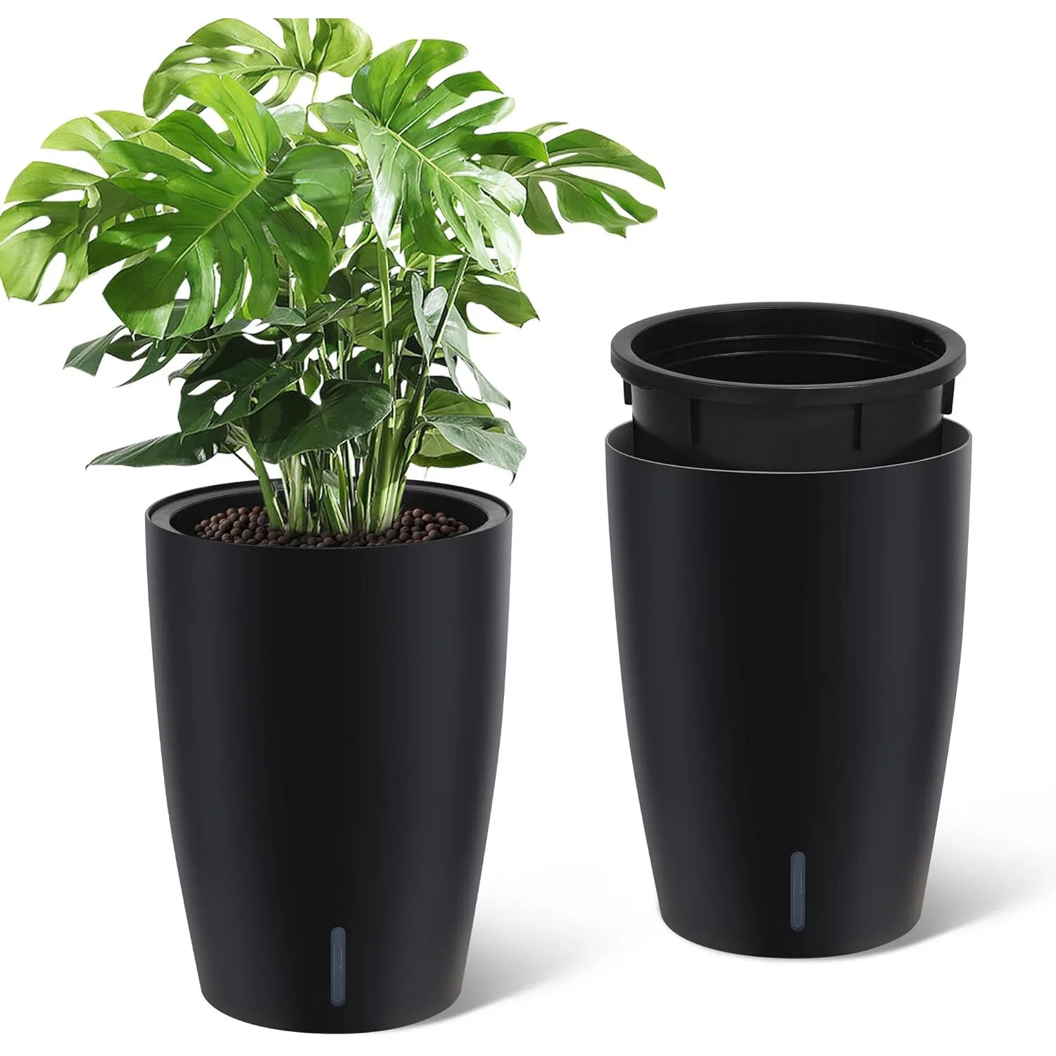 1-Pair Black Self-Watering Planters – 21.7” Tall Flower Plant Pots, Water Level Gauge, Tall-Round Series – For Large Plants