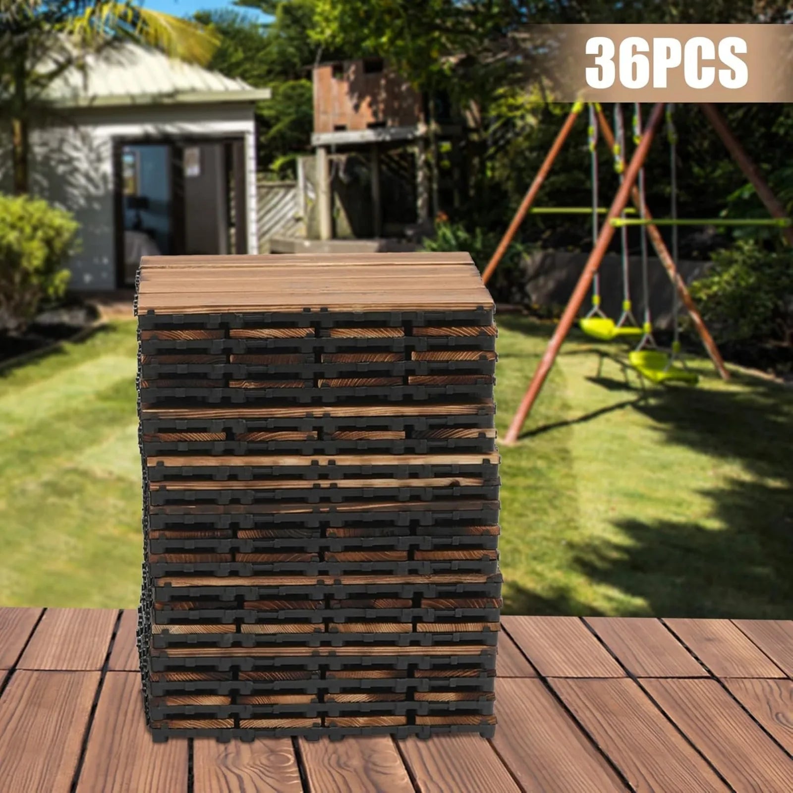 36Pcs 12''x12'' Hardwood Interlocking Patio Deck Tiles, Non-Slip Deck Tiles Indoor Outdoor Waterproof Wood Flooring Pavers Tiles