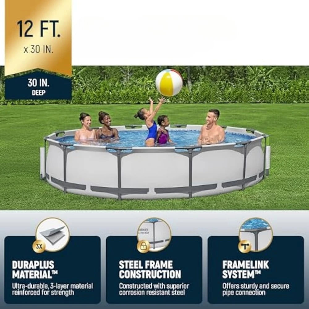 12 Foot by 30 Inch Round Above Ground Swimming Pool Set Outdoor Metal Frame Family Pool with Filter Pump