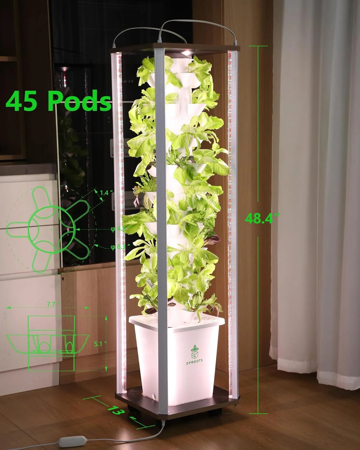 45 Pods Vertical Hydroponics Tower Growing System Kit With Full Spectrum Grow Light Indoor Vegetable Planting Garden Accessories